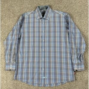 English Laundry Shirt Mens 17 34/35 Blue Check Embroidered Button Up Dress Shirt